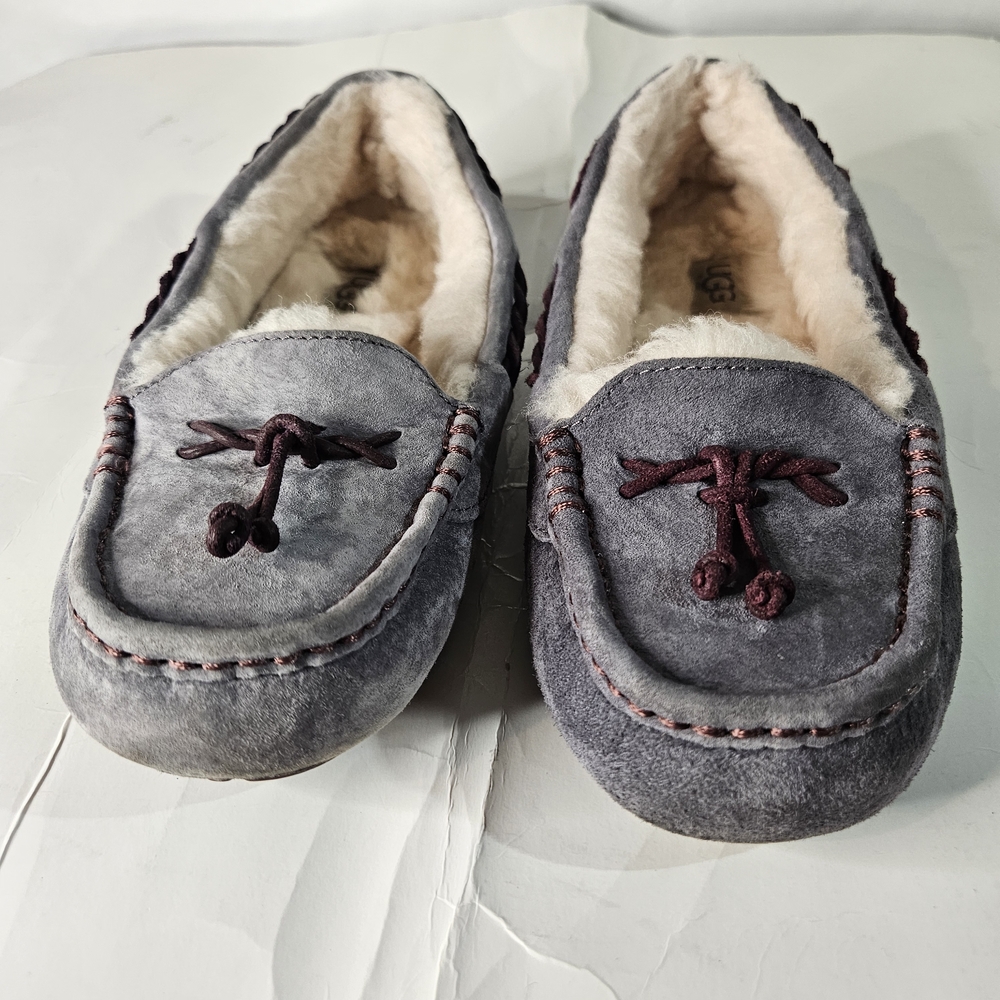 UGG Australia Brett Wool Slippers Shearling Lined Suede Gray Leather Moccasins